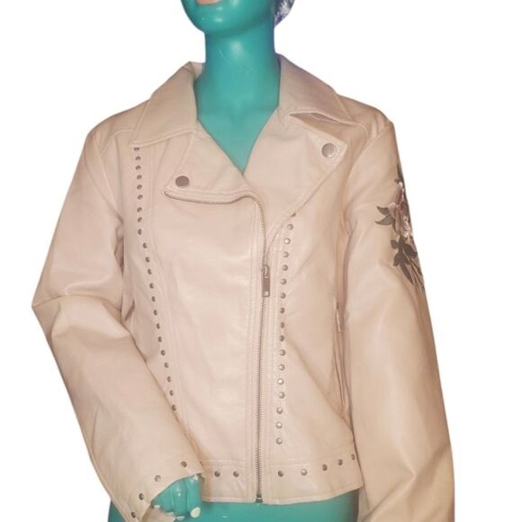 Urban Retro Light Pink Faux Leather Jacket with Embroidered Flowers Size L - Picture 1 of 13